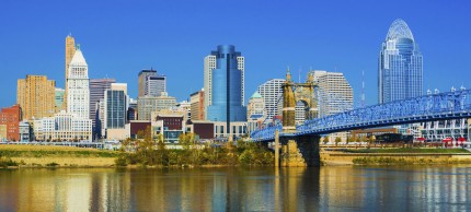 Cincinnati, Ohio downtown city skyline with bridge